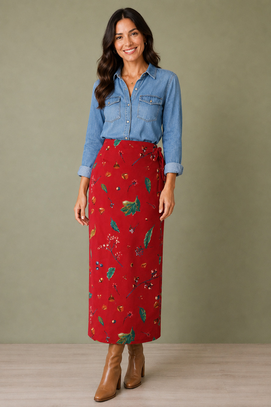 Coldwater Creek Tie Wrap Long Skirt Red Floral Autumn Brushed Cotton (M 10)